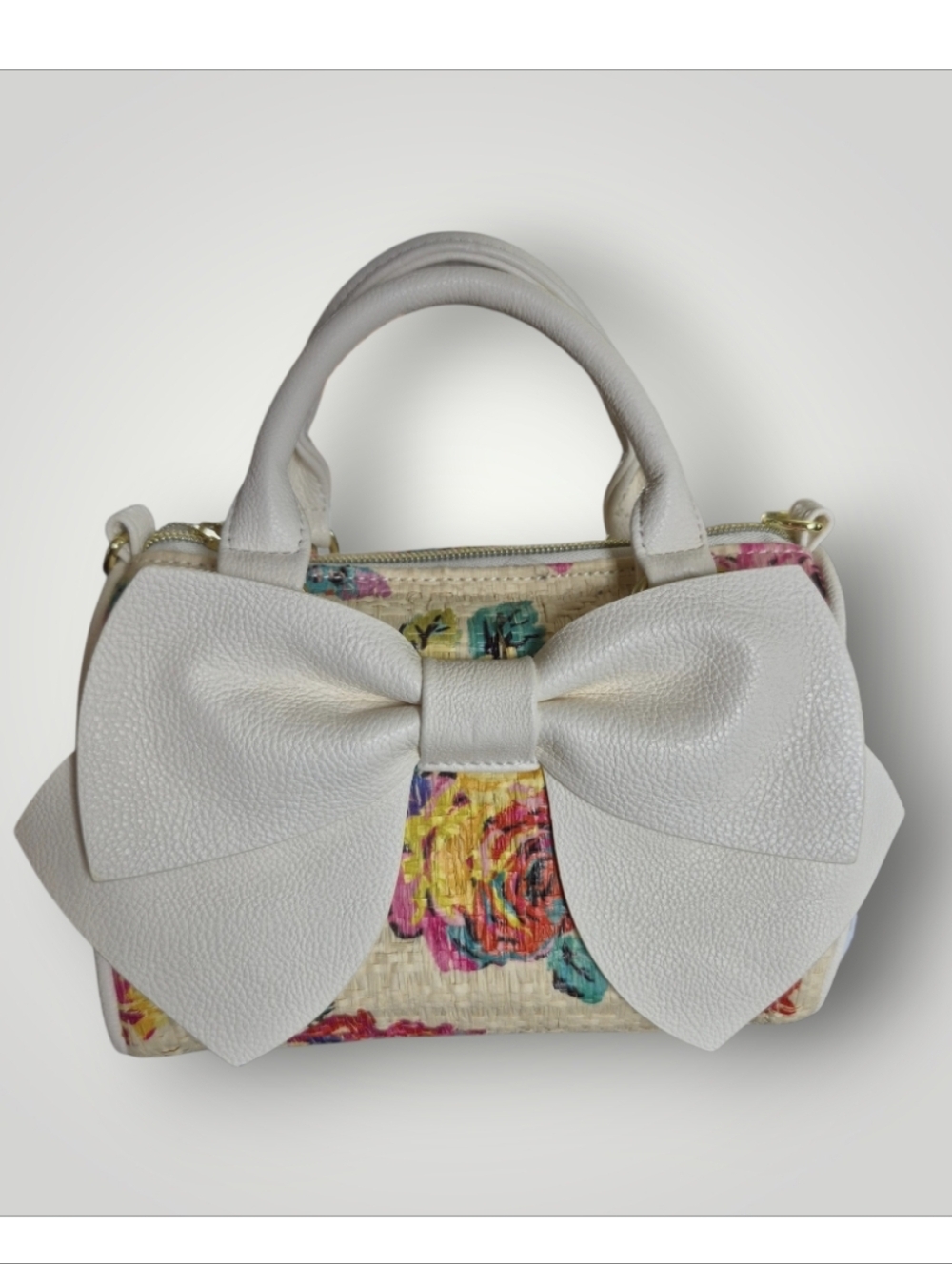 Betsey Johnson Floral Straw Mini Satchel X-Body bag featuring a large white bow